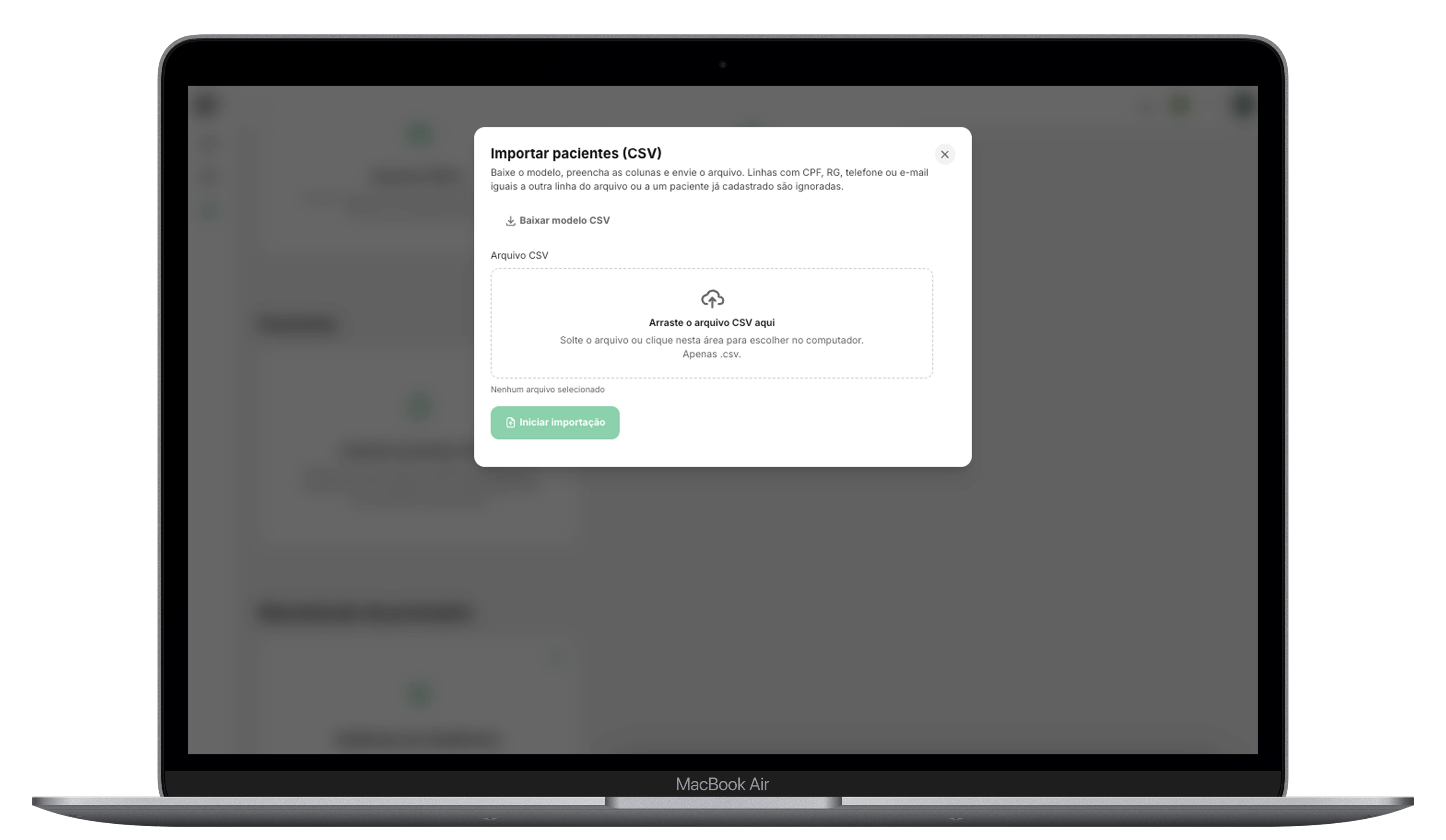 Tela da Octor para envio de arquivo CSV de pacientes